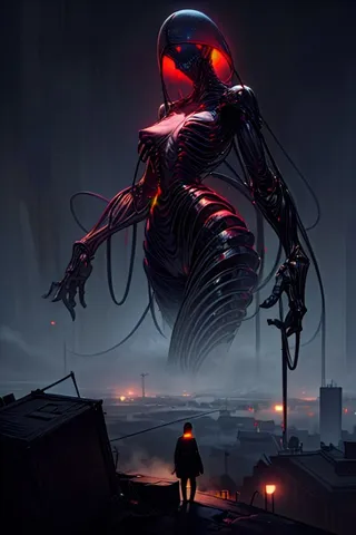 Gigantic creepy alien figure towering over a foggy cityscape under a night sky, with an eerie red glow and dark horror elements.