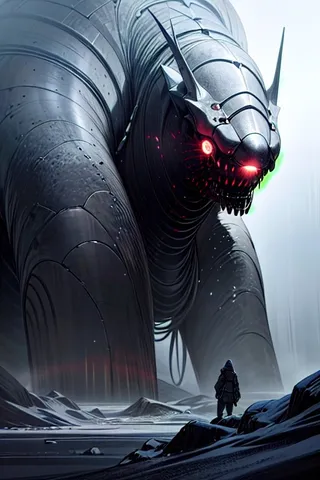 A colossal robotic creature with glowing red eyes looming over a small explorer in a foggy, icy desert amid a snowstorm.