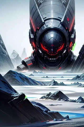 A vast icy desert landscape with rocky formations and a giant menacing robotic head with glowing red eyes emerging in foggy, blizzard-like harsh weather.