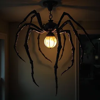 A sinister spider-shaped lamp hanging from the ceiling with a glowing bulbous abdomen, spindly legs casting dramatic shadows creating a gothic atmosphere.