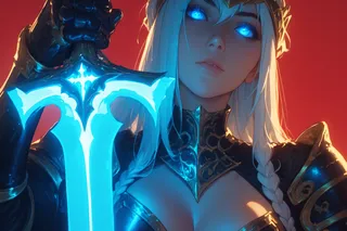Close-up of a female knight with blue glowing eyes, wearing shiny black armor with golden details and a crown, holding a blue glowing sword near her face against a red background.