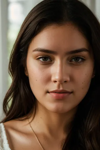 Close-up portrait of a young woman with smooth detailed skin and soft lighting, captured in high resolution with DSLR camera quality.