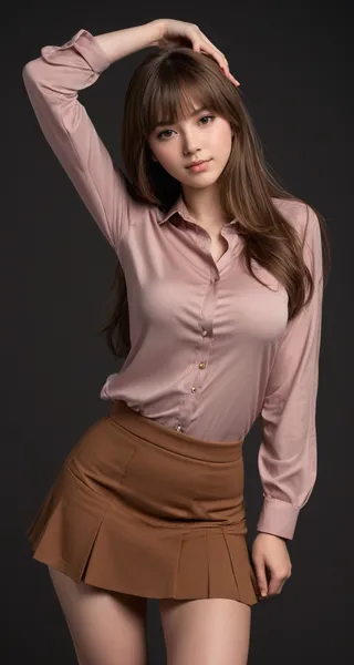 Portrait of a woman with long brown hair wearing a pink button-up shirt and a brown pleated skirt, posing with one arm raised against a black background.