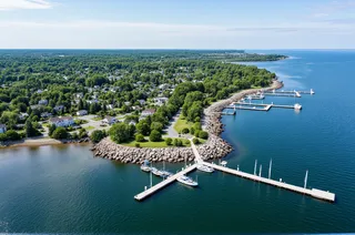 A wide-angle drone view of an American northeastern town featuring a rocky shore, multiple piers with docked sail boats, dense green trees, residential homes, and a visible downtown area under a clear blue sky.