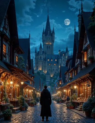 A traveler stands on a cobblestone street lined with warm-lit medieval shops and houses looking towards a large illuminated fantasy castle under a starry night sky.
