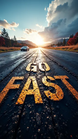 Sunlit asphalt road with large yellow 'Go Fast' text formed by tire tracks, a car on the left side, and a dramatic sunset sky with clouds and mountains in the background.