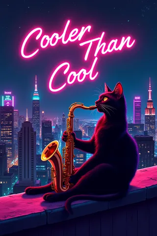 A black cat playing a saxophone on a rooftop at night with neon city lights and the glowing neon text 'Cooler Than Cool' in the sky.