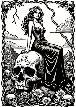 Black and white bookplate illustration featuring a woman in a long dress sitting on a large skull with 'Ex Libris' carved on it, framed by skulls and flowers.