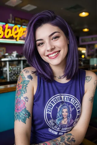Young woman with purple hair and tattoos smiling warmly while sitting in a vintage 1950s diner, wearing a purple t-shirt with an illustrated graphic.