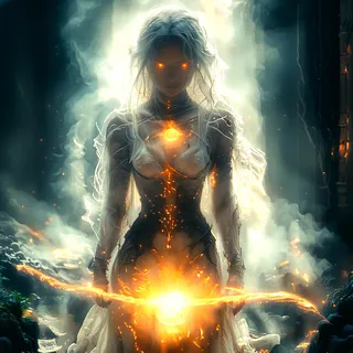 A supernatural female figure stands enveloped in glowing energy and smoke, her eyes and chest radiate fiery light as she holds a burning sword.