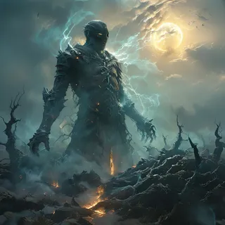 A giant supernatural figure with glowing eyes stands amidst a dark, misty landscape filled with twisted trees under a glowing full moon.