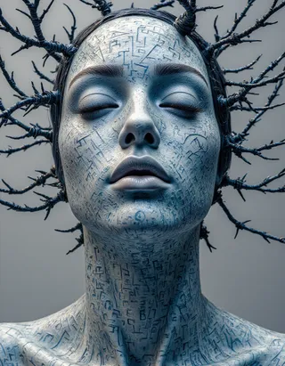 Close-up view of a grunge-style marble bust sculpture of a person's face and upper body with closed eyes, covered in abstract blue markings and wrapped with black thorny branches.