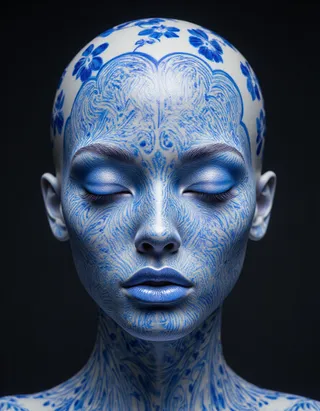 Digital sculpture of a woman's face and neck painted in intricate blue porcelain-style patterns with closed eyes signaling calm.