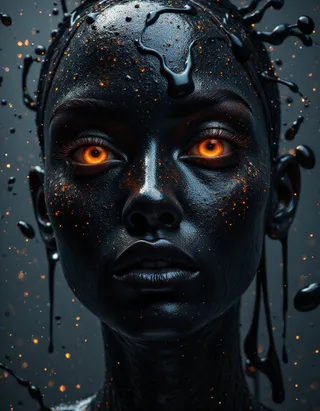 A hyperrealistic close-up portrait of a face resembling liquid metal or black paint with glowing orange eyes, black liquid drops splashing dynamically around the head.