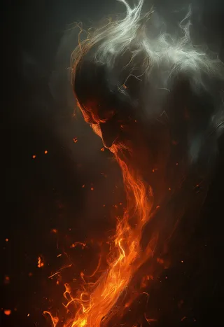 Obra digital de un retrato en llamas que brilla con intensas llamas naranjas y sombras profundas creando una atmósfera dramática y expresiva.