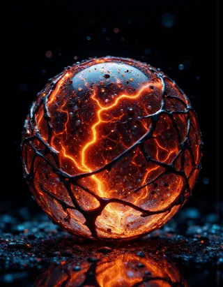 A glowing spherical fireball wrapped in black organic metal mesh with bright orange and red lava-like lines, set against a dark background with reflection.