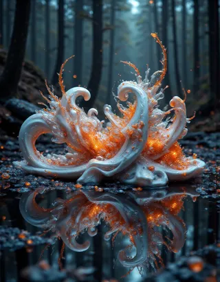Intricate fractal structure with white curls and orange glittering drops reflected on a mirror-like water surface, set against a blurred forest background.