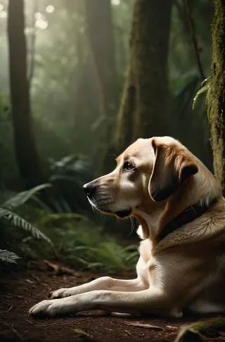 Photorealistic image of an old dog lying in a dark lush jungle, with a defeated expression and glossy eyes, captured with cinematic dramatic lighting and film grain.