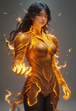 A girl wearing glowing yellow plate armor with fire magic effects surrounding her, long black hair flowing, and striking amber eyes, standing in a heroic pose.