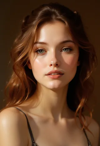 Portrait of a young woman with smooth fair skin and wavy chestnut hair, softly lit with warm light, and a softly blurred earthy background.