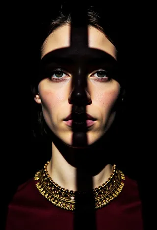 Close-up portrait of a person with a cross-shaped shadow covering the face, illuminated by warm low-key light, highlighting pale skin and a gold ornate collar.