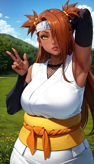 Dark-skinned female ninja with yellow eyes and brown-orange hair wearing Japanese clothes, posing outdoors in a grassy field with forest background