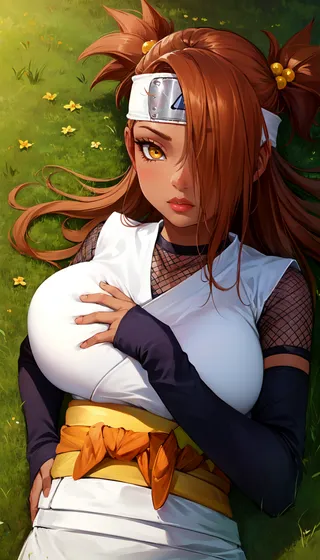 Dark-skinned female ninja with orange hair and yellow eyes lying on grass in a field, wearing Japanese clothes, fishnets, and a forehead protector.