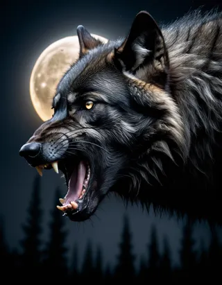 A fierce black timber wolf growling at shoulder level with a glowing full moon in the dark night sky, illuminated by cinematic lighting highlighting its detailed fur.