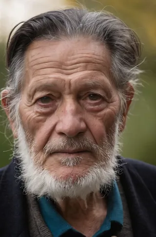 Close-up detailed portrait of an old man with dark hair and light skin, showing deep wrinkles and white beard, shot with Leica M6 camera and 75mm F1.25 Noctilux lens.