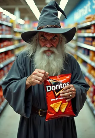 Angry old wizard with a white beard and gray robe opening a bag of Doritos inside a grocery store aisle, staring menacingly at the camera.