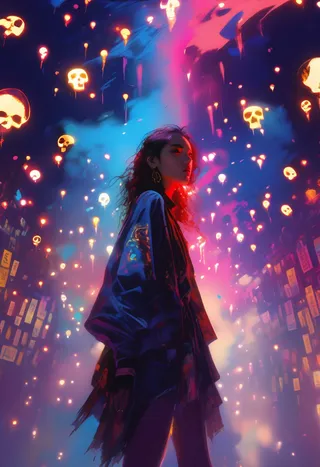 A surreal cinematic composition featuring a woman with glowing skull makeup surrounded by floating skull lights, illuminated by vibrant neon and dynamic shadows.