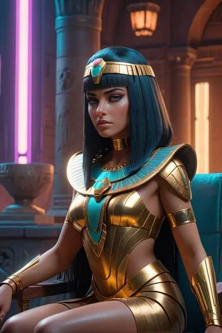 A futuristic Cleopatra wearing golden armor with turquoise details, sitting calmly in an ancient Egyptian inspired room with neon lighting.