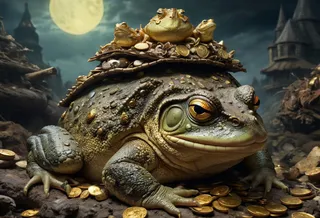 A giant monstrous toad with golden amphibian eyes resting on a pile of treasure, including gold coins and jewels, under a dark night sky with a full moon