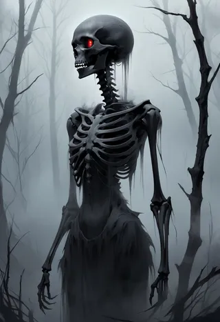 Ethereal dark fantasy creature skeleton with glowing red eyes stands hauntingly in a foggy, barren forest with skeletal limbs and misty aura.