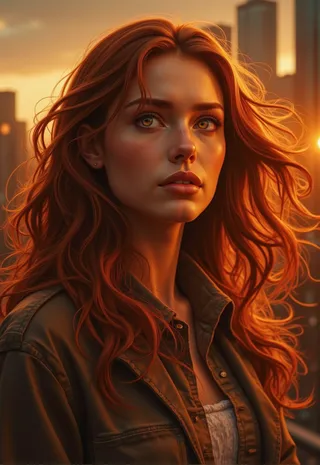 Cinematic portrait of a woman with flowing auburn hair and warm amber eyes, illuminated by the golden light of the setting sun, with a blurred city skyline background.