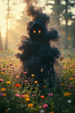 A shadowy figure formed of black smoke with glowing orange eyes stands in a vibrant meadow filled with colorful wildflowers and butterflies, bathed in the warm light of a setting sun.