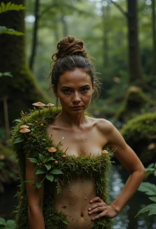 Closeup of a woman with a hairbun wearing a natural moss swimsuit decorated with mushrooms, standing in a lush green forest near a pond.