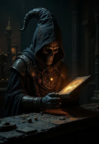 A photorealistic skeletal mage in tattered wizard attire examining an ancient glowing relic adorned with mystic runes, illuminated by cinematic volumetric lighting in a dark setting.