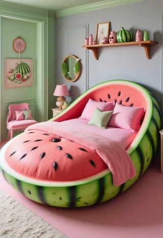 Whimsical bedroom featuring a large watermelon-shaped bed with pink and green decor, playful pillows, and decorative watermelon-themed items.