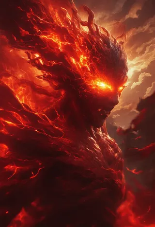 A powerful female demon with glowing fiery eyes, red skin, and hair made of fire, radiating intense flames and muscular physique against a cloudy sky.