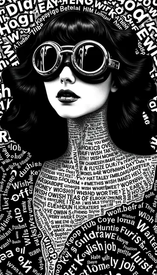 Close-up black and white portrait of a goth girl wearing round goggles, composed of dense, overlapping text forming her hair, face, and shoulders.