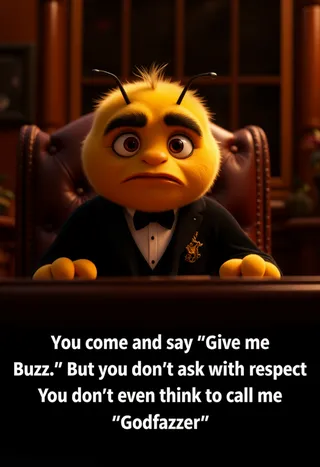 A cute 3D cartoon bee dressed as a mafia godfather with a black jacket, white shirt, and bow tie sits in a leather chair looking tired in a dimly lit room with bold white text below.