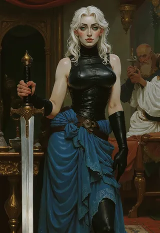 A Victorian oil painting style image showing a fierce woman with pale skin, green eyes, and white hair, dressed in a black leather breastplate and ragged blue dress, holding a large ornate sword against a dark background.