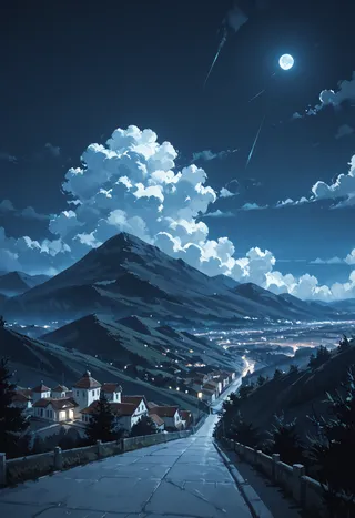 A serene night landscape featuring moonlit hills under a cloudy sky with illuminated European village houses nestled along a winding road.