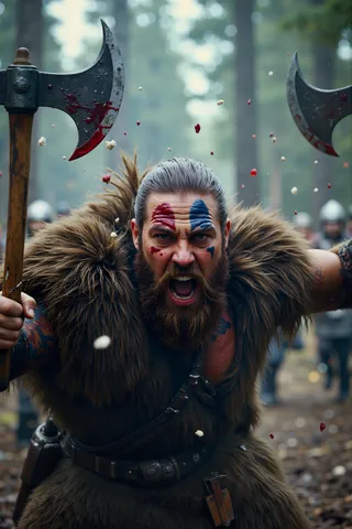 Close-up of a fierce Viking berserker with red and blue war paint, roaring a battle cry while wielding twin blood-splattered axes in a misty forest.