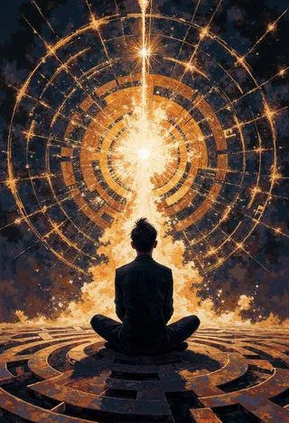 A seated silhouette in the center of a labyrinth with golden charged particle patterns radiating as a flux torus field, emitting vibrant light and resonant vibrations.