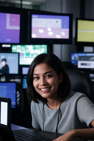 A smiling female social worker in a dark room surrounded by multiple computer screens, illuminated with soft lighting showing clear details on her face.