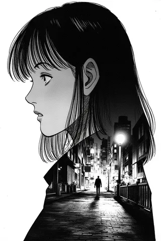 Black and white manga style double exposure image showing a young female profile blending into a nighttime street scene with a lamp post and a man walking under the light.