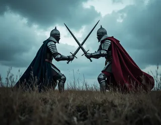 Two armored knights with blue and red capes clash swords amid a field of dead grass under a stormy sky, sparks flying from their blades.