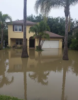 Suburban Florida house heavily flooded with high rise brown floodwater surrounding damaged palm trees in yard.